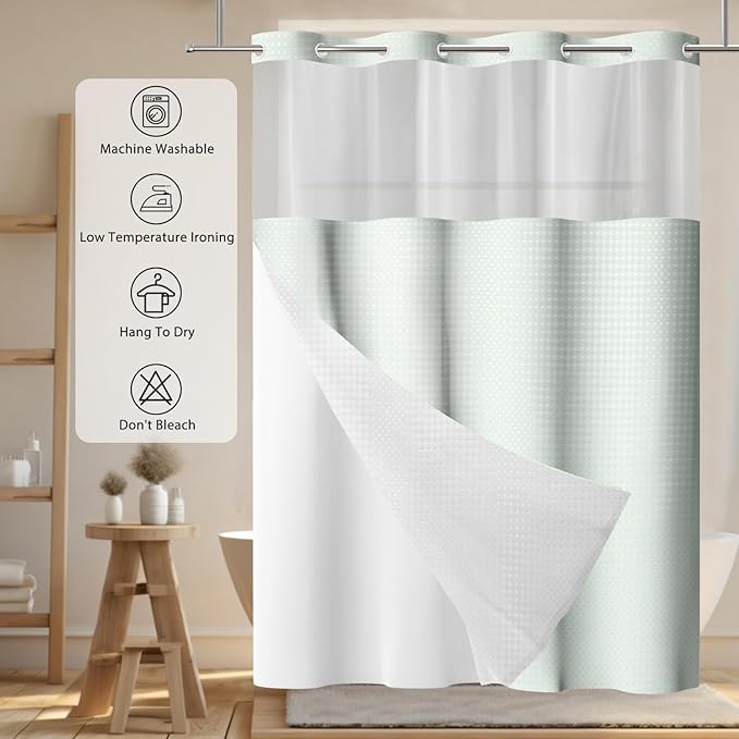 GICDSU No Hook Shower Curtain with Snap in Liner, Waffle Shower Curtain Set for Bathroom, Hotel Style with Semi-Sheer Top Window, Waterproof & Washable, Sage Green, 59" W x 75" L