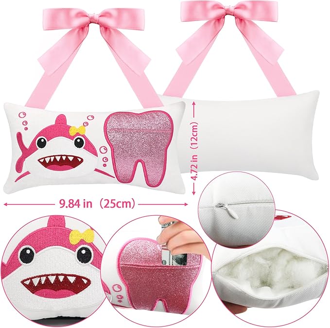 Malihome Tooth Fairy Pillow with Pocket for Girls and Boys Kids Tooth Pillow Toothfairy Gifts Tooth Keepsake Pouch 8.6 x 4.8 inches (Pink)