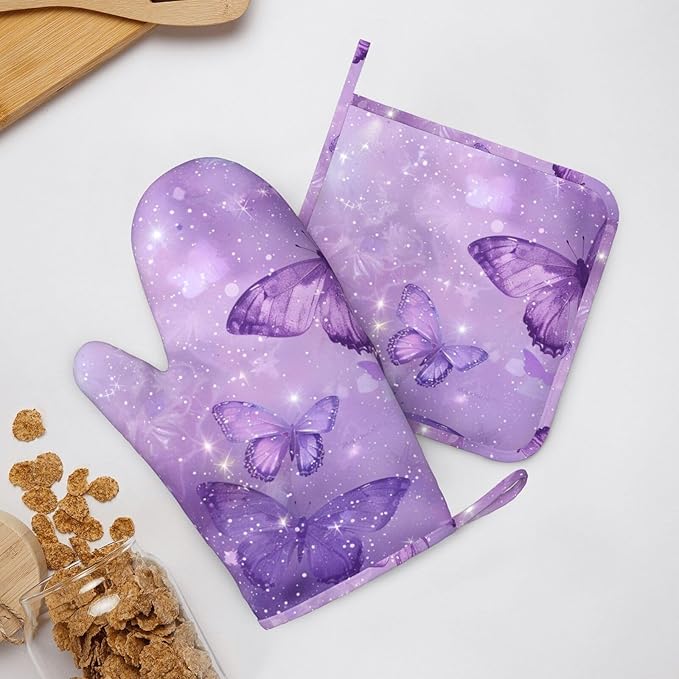 Oven Mitts Pot Holders Set Butterfly Purple Pastel Silicone Kitchen Gloves Potholders Heat Resistant for Chef Baking Cooking Grilling BBQ 4 Pack Mitt