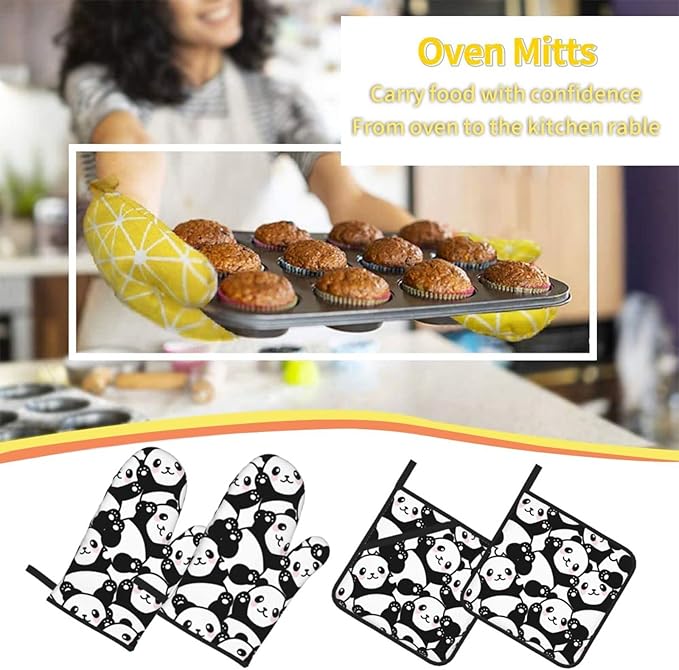 Cute Panda Oven Mitts and Pot Holders Set of 4, Oven Mittens and Potholders Heat Resistant Gloves for Kitchen Cooking Baking Grilling BBQ