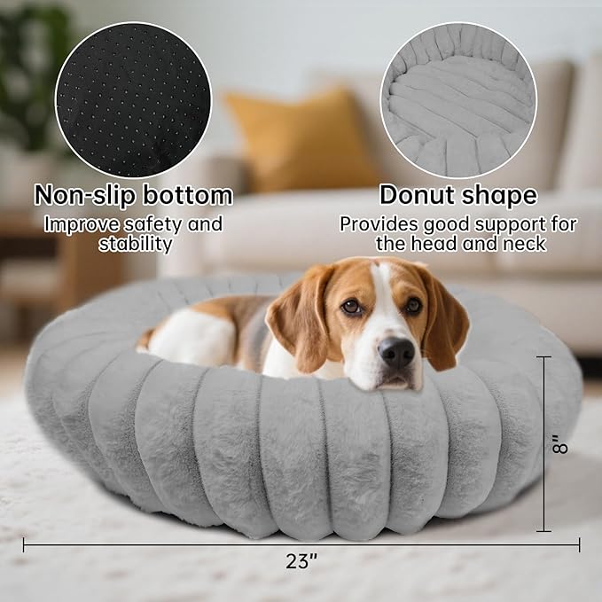 Vhen When Donut Dog and Cat Bed, Luxurious Comfortable Faux Rabbit Fur Pet Beds, Soft Anti-Anxiety Calming Puppy Kitten Bed with Anti-Slip Bottom for Small Medium Dogs & Cats(23", Grey)