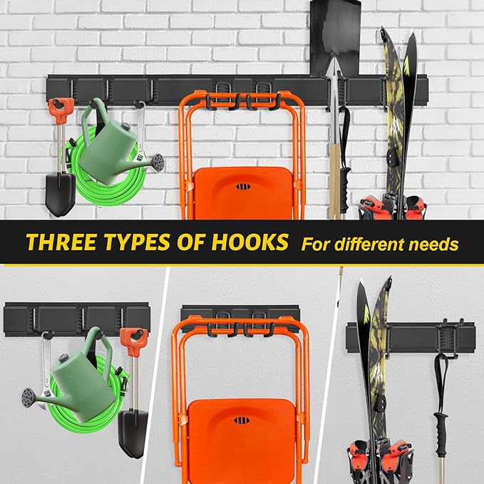 Suemoss Garage Tool Organizer Wall Mount, 48 Inches Garden Tool Organizer with Adjustable Hooks, Metal Garage Storage Rack Max Loading 440lbs, Tool Holder for Hanging Rake Broom Mop Snowboard