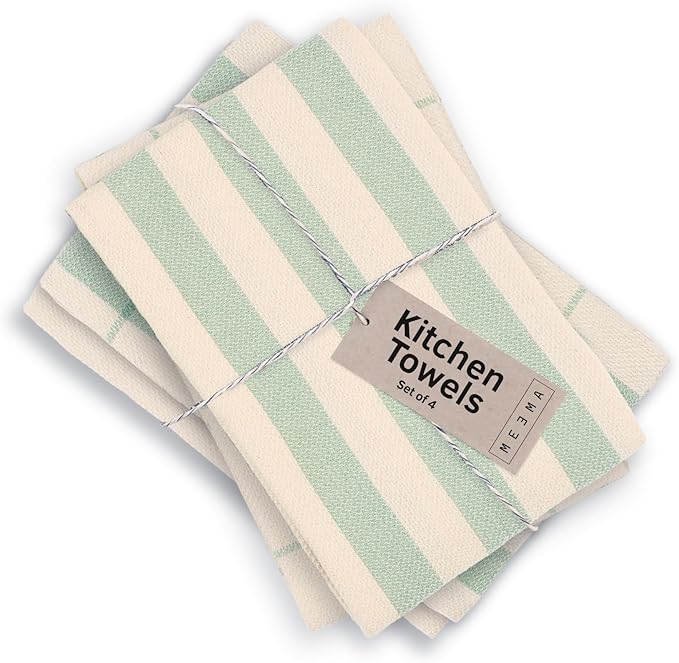 MEEMA Home & Kitchen Towels & Dishcloths Sets of 4 | Large 18 x 28 Kitchen Essentials & Hand Towels | Upcycled Cotton Tea Towel & Hand Towel | Dish Cloths for Washing Dishes | Sage Green Stripes
