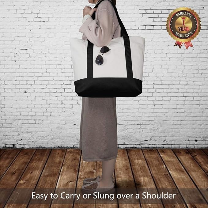 TOPDesign 1 | 3 | 6 | 30 Pack Canvas Tote Bag with an External Pocket, Reusable Grocery Shopping Bag, Top Zipper Closure, Daily Essentials (Black/Natural Pack of 1)
