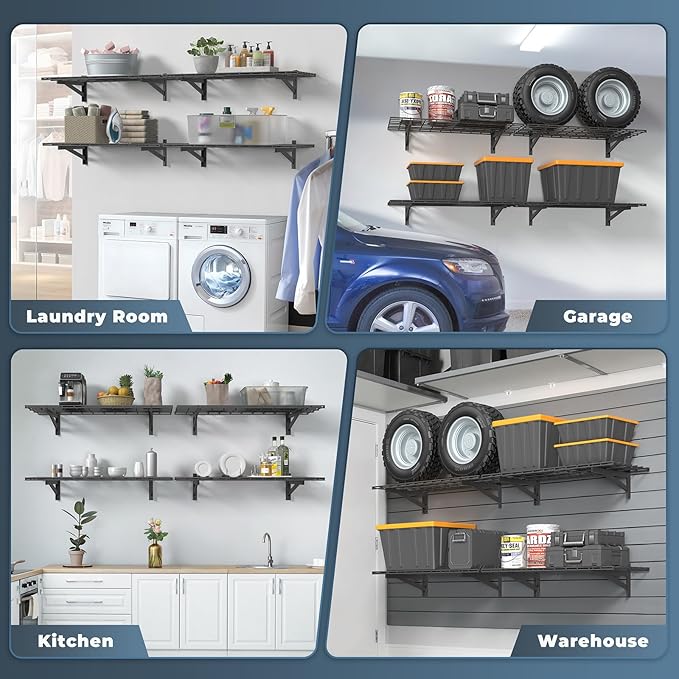 Jusgym 4 Pack Heavy Duty Garage Wall Shelving Set (1.5x4ft), Wall Mounted Garage Shelves 1400lbs Capacity, 18"x96" Shelf Storage Rack Floating Shelves, Black