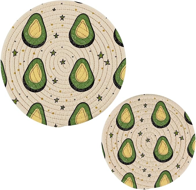Avocados Stars Dots Minimalist White Trivets for Hot Dishes Pots and Pans Potholders Woven Trivet Cotton Round Large Pot Holder Decor Heat Resistant Hot Pads Mat for Table Counter Cooking Potho