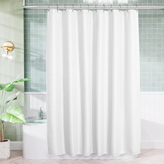 AmazerBath White Shower Curtain 72x74 Inches, Waffle Shower Curtains for Bathroom, Cloth Shower Curtain Fabric Heavy Duty 240GSM, Thick Bathroom Shower Curtains Hotel Quality, Premium Polyester