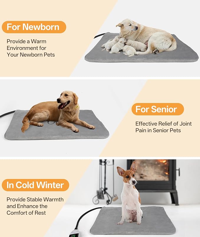 Ringco Pet Heating Pad for Cats & Small Dogs with 12 Adjustable Temperature, Waterproof & Chew Resistant Cat Dog Heating Pad with Timer, Heated Cat Bed with Fleecy Cover (S: 20” x 16”)