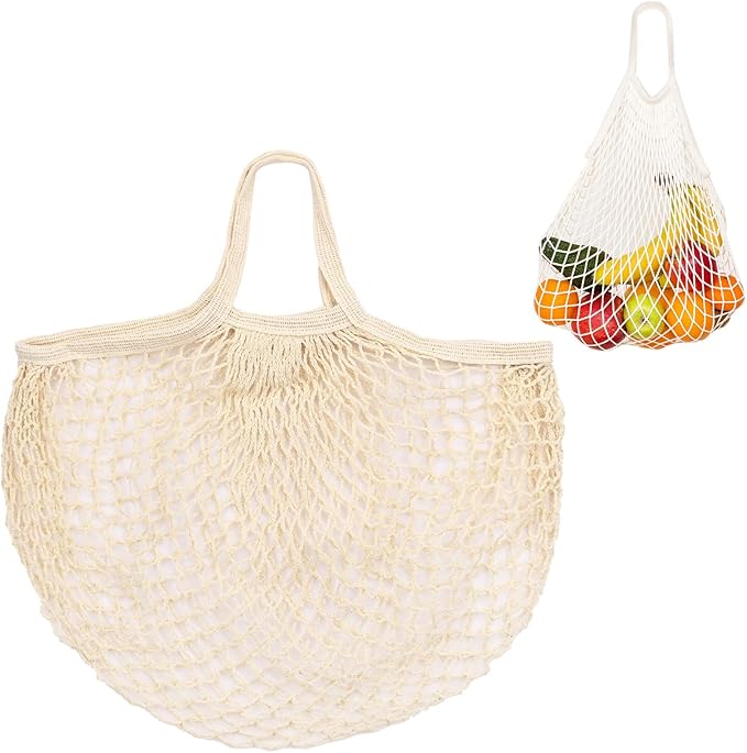 M METERXITY 1-Pack Cotton Mesh Bag, Reusable Washable Mesh Net String Grocery Bags, Reusable Produce Bags with Handle, Net Tote Bag for Fruits/Vegetables Shopping [Cream, Short Handle]