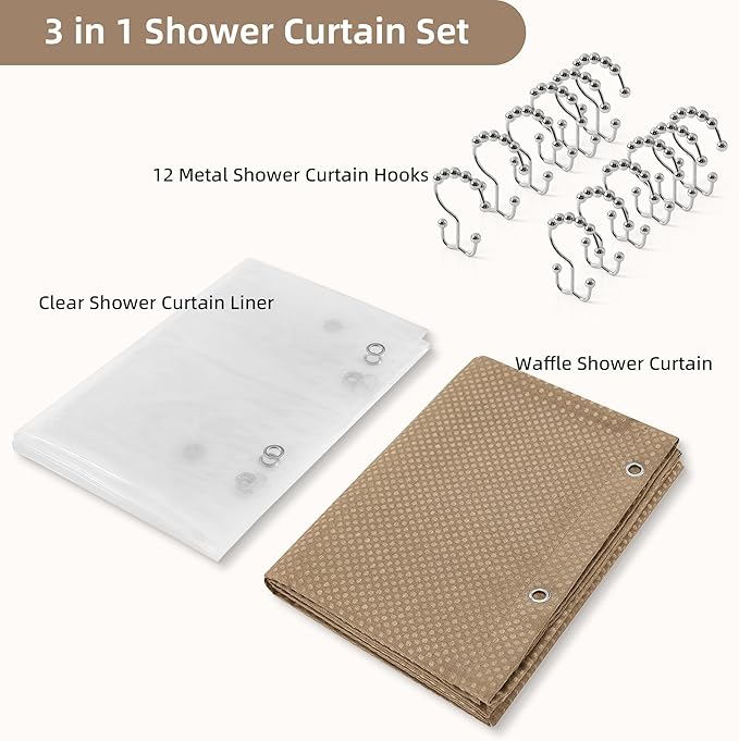 Lameirose Shower Curtain and Liner Set, 3 in 1 Waffle Shower Curtain Set with 12 Double Sided Shower Curtain Hooks, Fabric Shower Curtains for Bathroom, Beige, 72 x 72