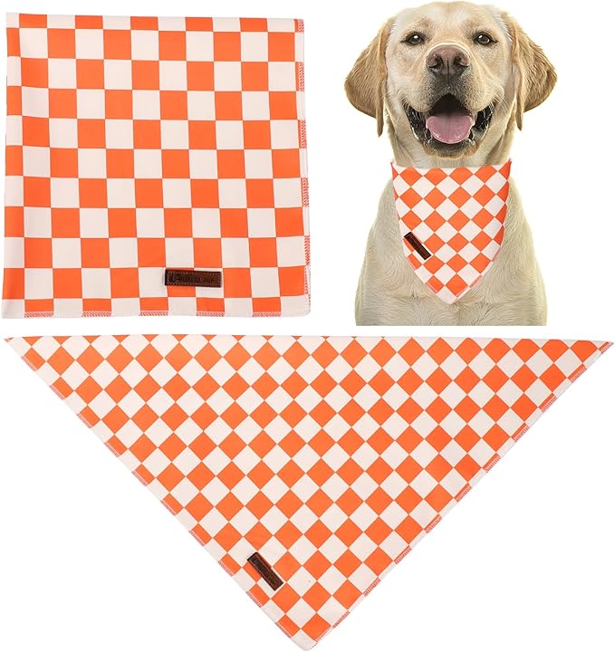 UP URARA PUP Fall Dog Bandana – Orange Gingham Plaid Triangle Scarf for Small Medium Large Dogs, Soft Cotton Pet Bib for Autumn Thanksgiving, Adjustable Dog Kerchief for Daily Wear