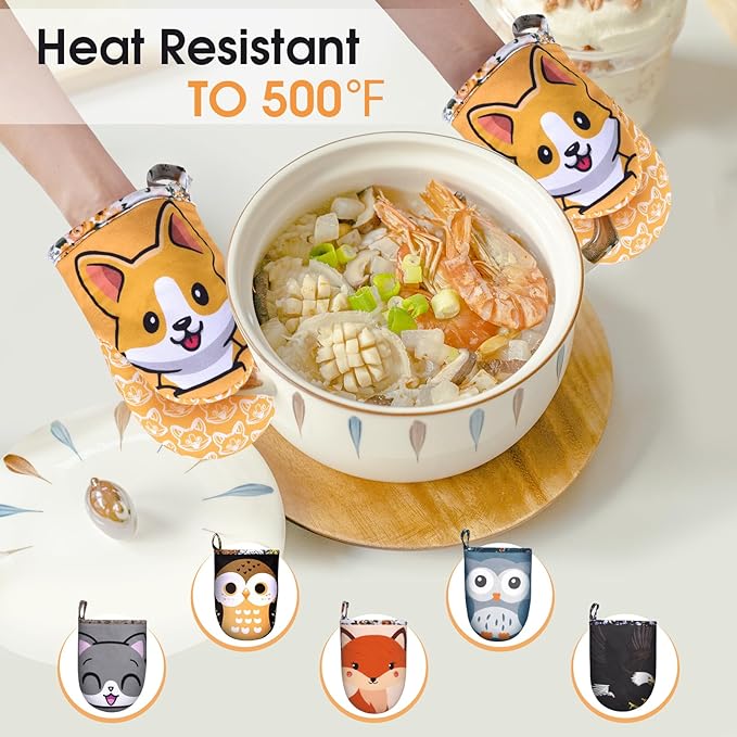 Mini Oven Mitts Cute,Silicone Oven Mitts Heat Resistant 500℉ with Non-Slip Grip and Soft Quilted Cotton Lining for Kitchen Cooking and Baking. Machine Washable-Dog