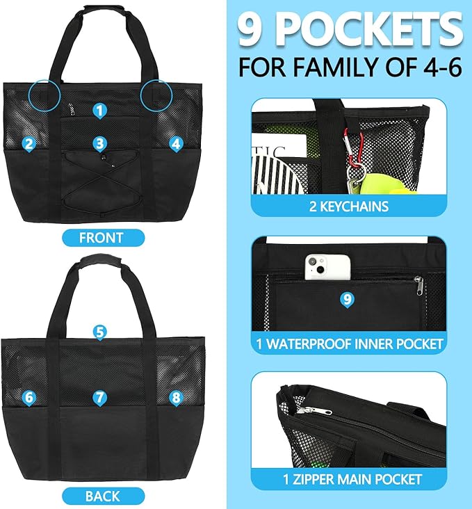 Fammart Mesh Beach Bag, Large Beach Tote with Zipper Pocket for Family Pool Bag for Toys & Vacation Essentials