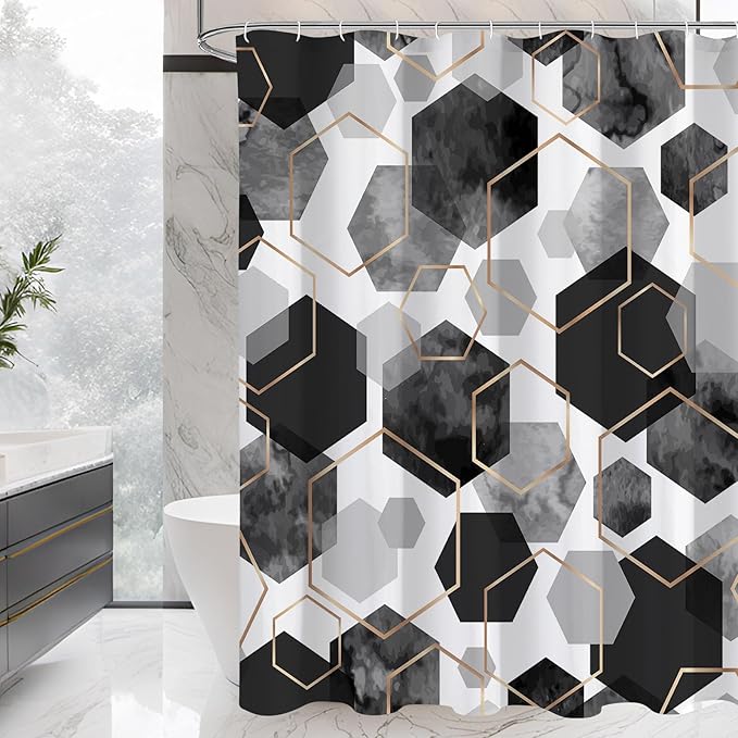 Litabel Black and Grey Modern Shower Curtain for Bathroom, Geometric Art Decor Waterproof Bath Curtain, Abstract Fabric Shower Curtain Sets for Home Decor, 72x72 Inch