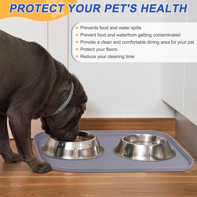 SMILOOL Silicone Pet Feeding Mat with Raised Edge for Food and Water, Dog Bowl Mats, Cat Bowls Placemat with High Lip for Floor Waterproof, Rubber Tray for Cats and Dogs 19 x 12 x0.7 Light Gray