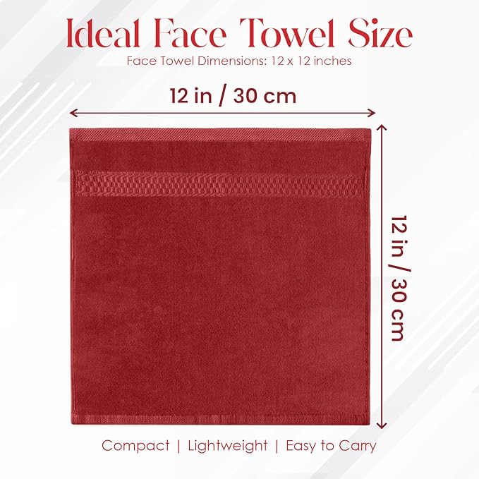 RIVERSIDE 12 Pack Premium 100% Cotton Face Wash Cloths, 12 x 12 Inches, Soft & Absorbent Face Towels for Bathroom Wash Clothes, 550 GSM, Luxury WashCloths for Showering, Body, Spa & Gym, Red