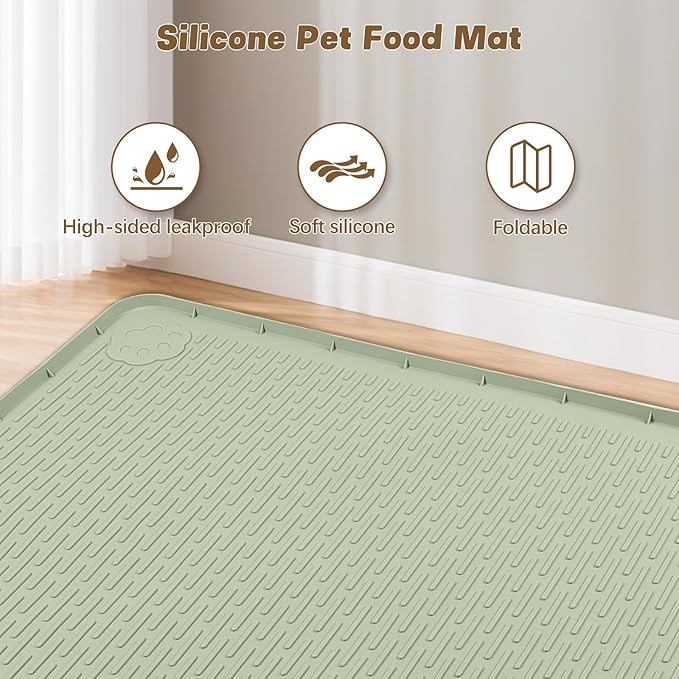Bartuke Cat Food Mat, 34" x 22" Large Silicone Pet Feeding Mat for Food and Water Bowls Non-Slip, Easy to Clean (Light Green)