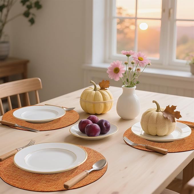 homing 15 Inch Round Cloth Placemats Set of 6, Cotton Linen Blend Washable Table Mats, Farmhouse Dining Place Mats for Indoors & Outdoors, Easy to Clean, Orange