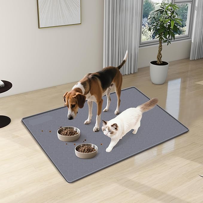 Bartuke Cat Food Mat, 34" x 22" Large Silicone Pet Feeding Mat with Raised Edge Pet Placemat for Food and Water Bowl Non-Slip, Easy to Clean, Floor Protection (Dark Grey)