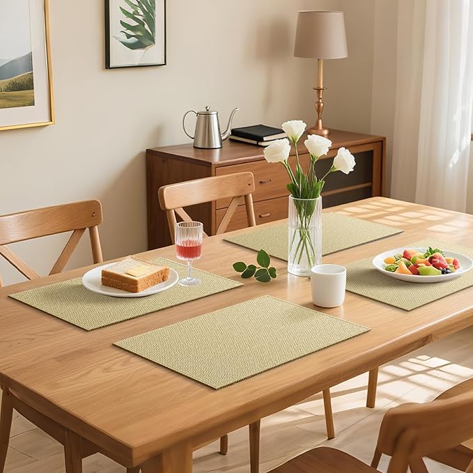 Blue Forest | Rectangular Faux Linen Placemats Set of 8 | Dual- Layered Thickened for Durability | Heat Resistant | Machine Washable | Wrinkle Free for Easy Care Indoor/Outdoor Use - Beige