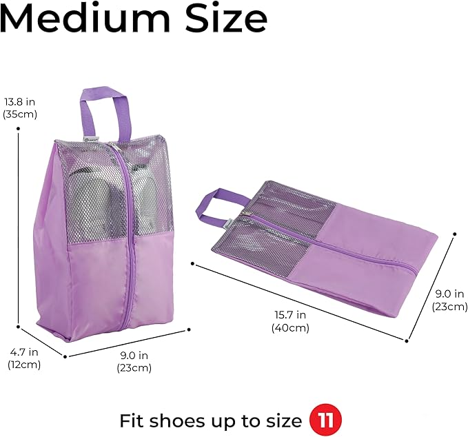 HANOZI Shoe Bags For Travel, Used As For Storage or Shoe Travel Bag, Space Saving When Travelling With This Travel Shoe Bags For Packing, Waterproof Nylon Sneaker Bag. (Light Purple, 2 Pack, Medium)