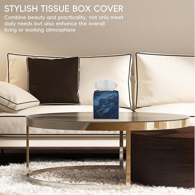 Tissue Box Cover Leather Tissue Box Holder Cube Tissue Case Cover Facial Paper Organizer Dispenser for Bathroom, Vanity Countertop, Office Desk (Abstract Blue Marble with Gold Veins)