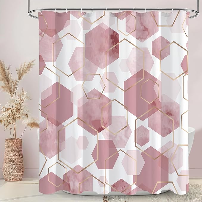 Litabel Modern Long Shower Curtain for Bathroom, Pink Geometric Art Decor Waterproof Bath Curtain, Abstract Fabric Shower Curtain Sets for Home Decor, 72x78 Inch
