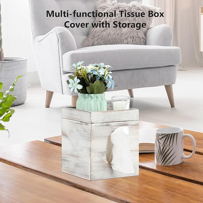 Tissue Box Cover, White Washed Solid Tissue Box Cover with Storage Tray Square Tissue Box Covers Holder for Bathroom, Bedroom, Dinner Table, Office, Tabletop 6" x 6" x 7.4"