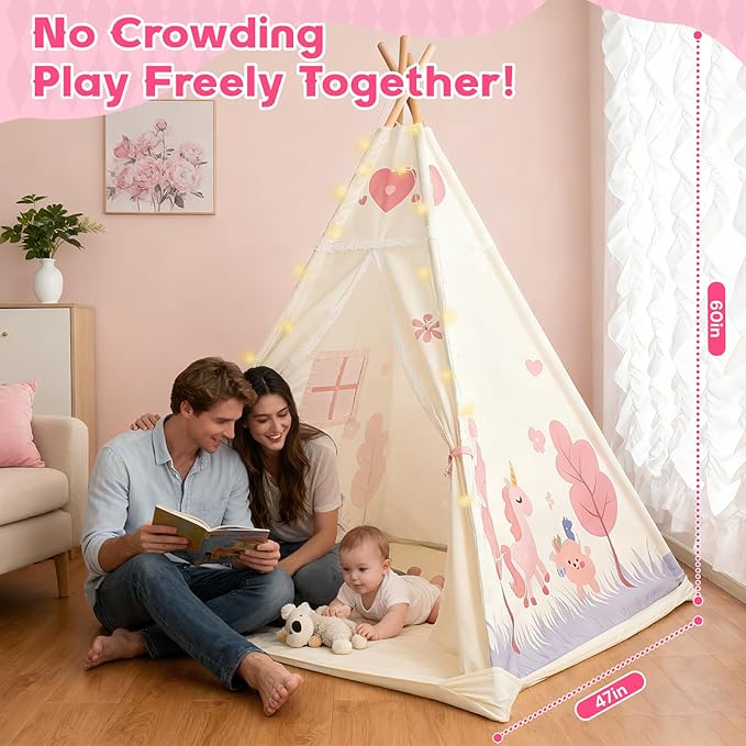 Duwenem Teepee Tent for Kids, Play Tent with Padded Mat & Star Lights, Indoor Play Tent for Girls & Boys, Pink Unicorn