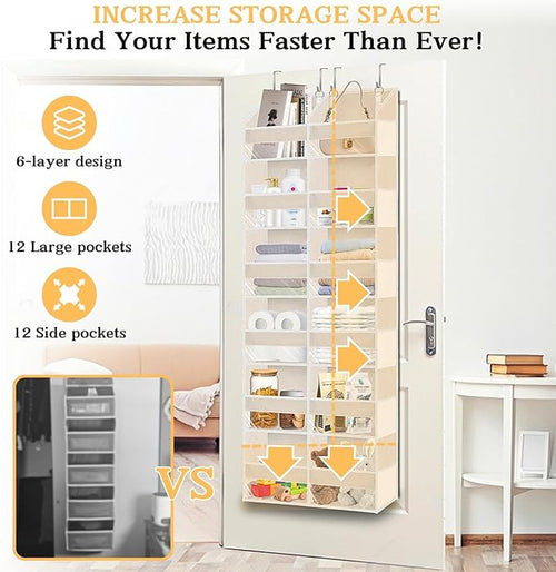 2 Pack Over The Door Organizer 6 Tiers, Extra Large Behind Door Storage of 12 Compartments, 80 lbs Weight Capacity Hanging Storage Organizer with Clear Window Kids Toys,Shoes (6 Tiers - Beige)