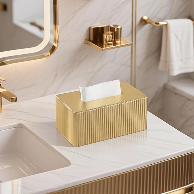 MEIBOOCH PU Leather Tissue Box Cover Square, Rectangle Tissue Box Holder with Magnetic Closure, Decorative Tissue Holder for Bathroom Bedroom Office (Gold, Rectangle for 120 to 160 Count Tissues)
