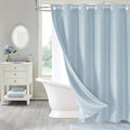 MitoVilla Blue Long Shower Curtain Liner Set 72 x 80, No Hooks Needed 80 inch Long Heavyweight Waffle Fabric Shower Curtain Set with Snap-in Liner for Hotel Grade Spa-Like Bathroom Decor, Fog Blue