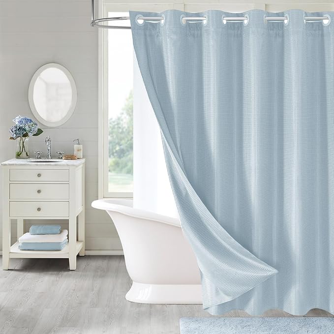 MitoVilla Blue Long Shower Curtain Liner Set 72 x 80, No Hooks Needed 80 inch Long Heavyweight Waffle Fabric Shower Curtain Set with Snap-in Liner for Hotel Grade Spa-Like Bathroom Decor, Fog Blue