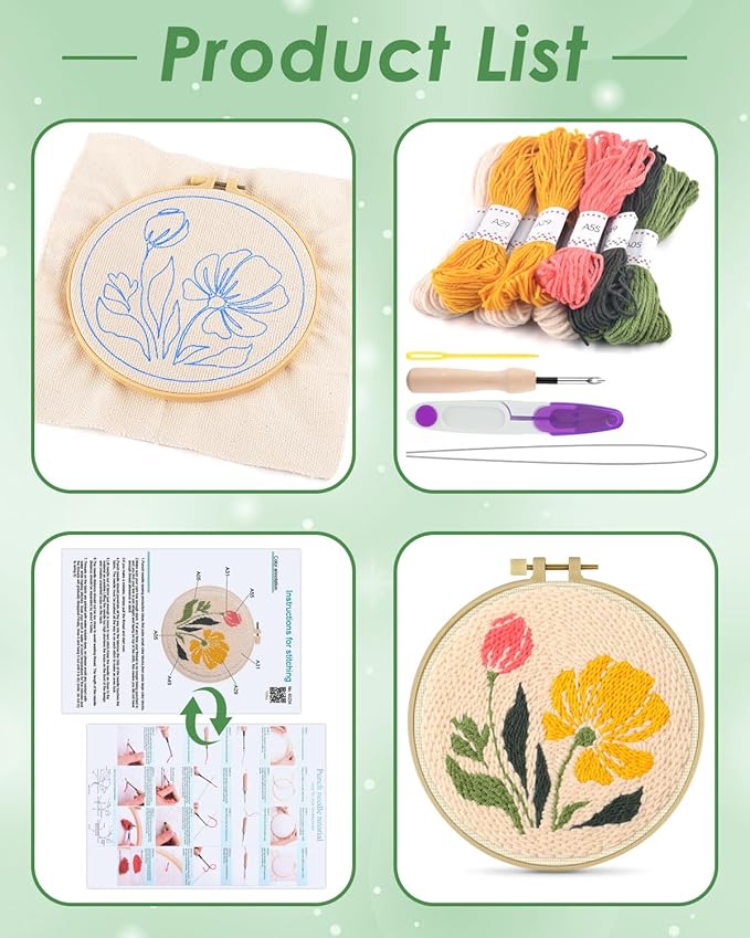 ERKOON Punch Needle Kit Adults Beginners, DIY Easy Floral Embroidery Set for Starter Art Craft, Needling Punch Project with Patterns, Tools, Yarns, Hoop, Instruction (Rhubarb Flowers)