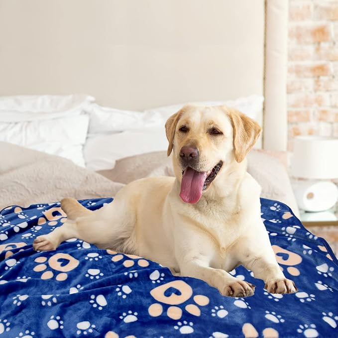 AHOOCUSTOM Dog Blanket, Soft Fleece Dog Blankets for Large Dogs, Fluffy Flannel Pet Cat Puppy Blanket Mat Cover for Bed Couch, Cute Paw Print Throw Blanket for Dogs, Blue 50"X40"
