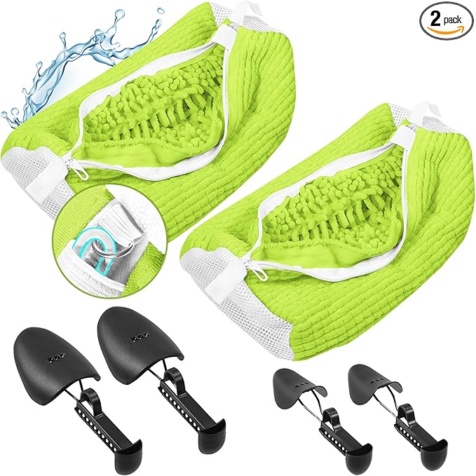 2 Pcs Shoe Washing Machine Bags with 4 Adjustable Shoe Trees, XXL Laundry Bags for Washer and Dryer, Sturdy Zipper with Hook Design, Reusable Cleaning Bag for Sneaker, Tennis (Green)