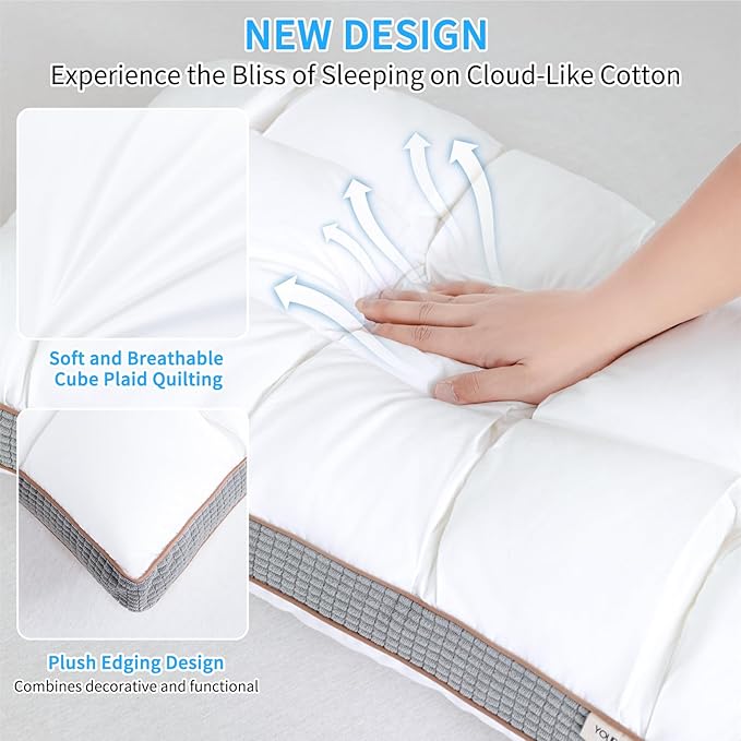 YOUR MOON Soft Pillow Standard Set of 2 for Sleeping, Super Soft Support Down Alternative Pillow 2 Pack, 100% Cotton Shell Luxury Comfy Fluffy Bed Pillows for Sleep(White)