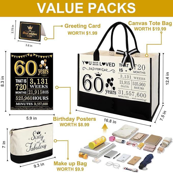 YeohJoy 60th Birthday Gifts for Women 60 and Fabulous Canvas Tote Bag Travel Gear, Unique 60 Years Old Gifts for Wife Sister Mom Aunt Friends Her, Handbag & Cosmetic Bag & 60 Birthday Poster