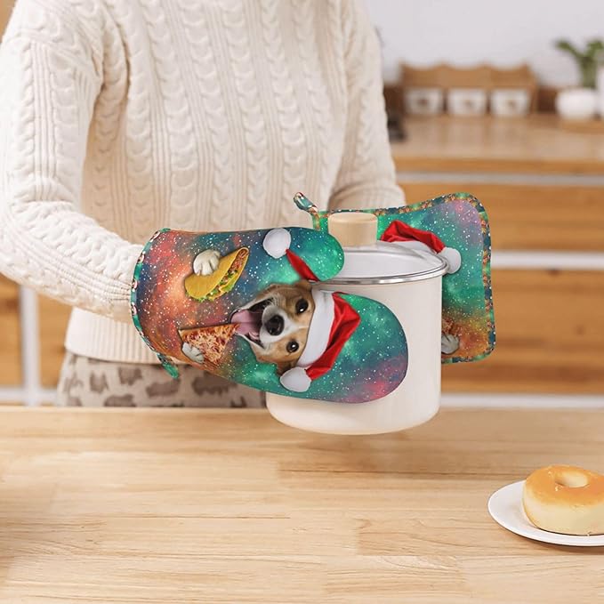 Funny Dog Eating Pizza Oven Mitts and Pot Holders Sets, Home Silicone Heat Resistant BBQ Gloves for Kitchen Baking Cooking Grilling Microwave