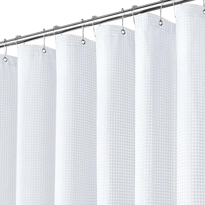 Inhousolu Fabric Shower Curtain Waffle Weave, 230 GSM Heavy Duty, Weighted Hem, 12 Metal Hooks, Water Repellent, Machine Washable, Hotel Spa Luxury Bath Curtain Set, 60 x 72 Inch, White