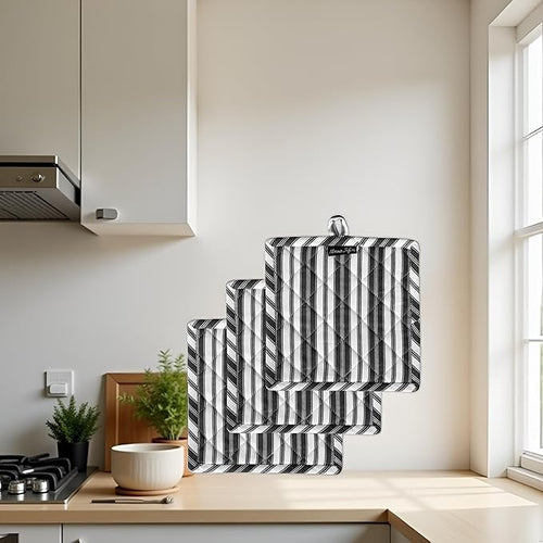 AMOUR INFINI Double Stripe Pot Holders Heat Resistant Cotton Set of 3 Nonslip 8"x8" Inch Hot Pads for Kitchen, BBQ, Baking & Cooking with Hanging Loops (Charcoal)
