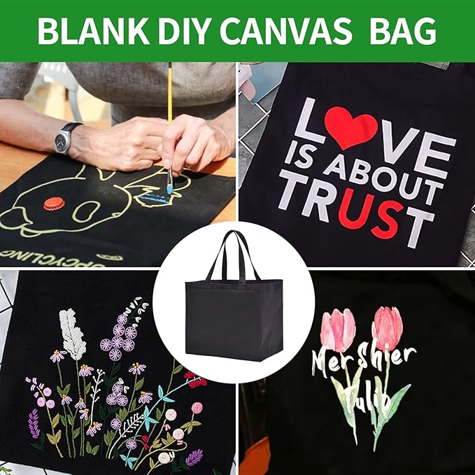 1 Pack Heavy Duty Reusable Canvas Grocery Bags, Holds 60 lbs, 8.3 gal, Multi-Purpose, Washable, Black with 5 Pockets