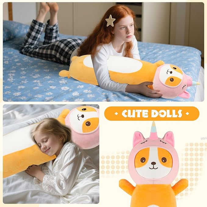 HAIJUNYA 36 Inch Kawaii Unicorn Dog Long Plush Body Pillow Toy, Soft Corgi Shiba Inu Plushies with Stuffy Unicorn Outfit Big Stuffed Animals Gift for Kids Boys Girls, Birthday, Halloween, Christmas