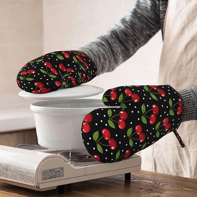 Heat Resistant Oven Mitts 2 Pack, 500°F Silicone Oven Gloves with Non-Slip Grip, Soft Quilted Cotton Lining for Baking, Grilling, BBQ, Cooking (Cherry)