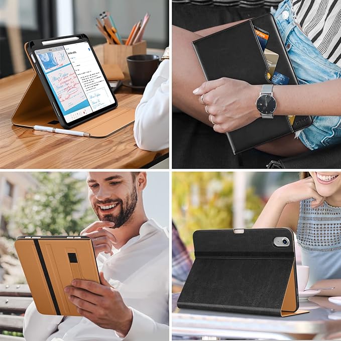 DTTO for iPad (A16) 11th Generation Case 11 Inch 2025, iPad 10th Generation Case 10.9 Inch 2022, Premium Leather Business Folio Stand Cover with Pencil Holder - Auto Wake/Sleep, Black