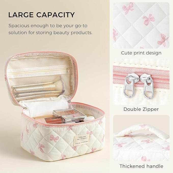 HBselect Christmas Gifts Large Quilted Makeup Bag, Cute Cotton Travel Makeup Bag with Handle, Portable Coquette Floral Make up Bags, Toiletry Organizer Make up Bags for Women Teen Girls Mom