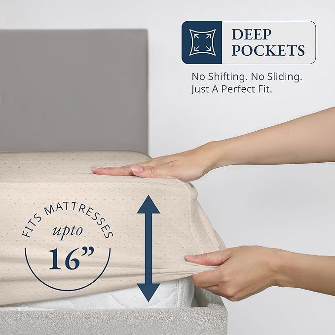 Lane Linen 100% Egyptian Cotton Queen Size Fitted Sheet Only (61"x81" + 16") - Elegant Sateen Weave, Ultra Soft, Breathable, Highly Durable, Deep Pockets Upto 17" - Swiss Dot Ivory