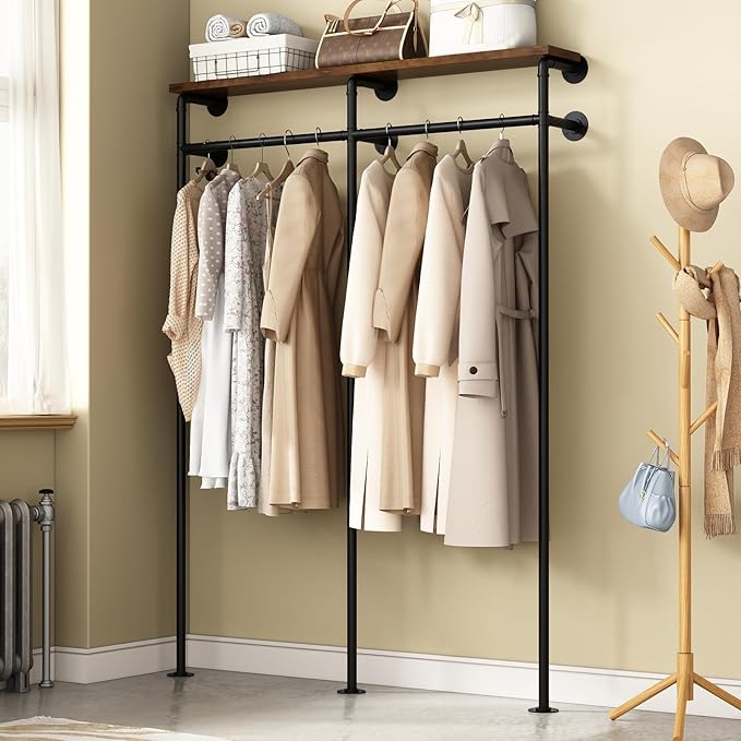 KAILNKISS Industrial Pipe Clothes Rack, Wall Mounted Clothing Rack with Shelves, Heavy Duty Closet Organizers Wardrobe Multi-Purpose Storage Clothes Hanging Shelf-59''L Black