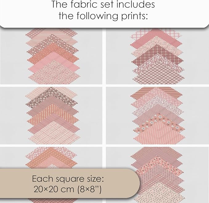 Cotton Satin Patchwork Fabric Panel – 35 Designs, 20×20 cm Squares, Single Piece 150×110 cm, Blush Pink Quilt Fabric (Peach Tones Geometric & Floral Set, 35pcs 8x8 inch)