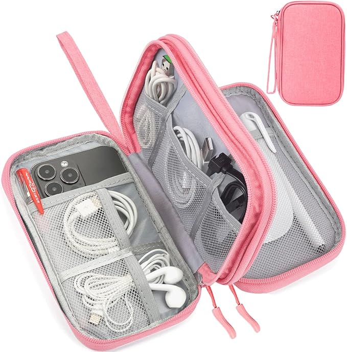CAAORDKSO Travel Electronics Organizer, Waterproof Cable Organizer Bag, Accessories Storage Case Pouch for Cable, Cord, Charger, Phone, Power Bank, Earphone (Dark Pink, Medium)
